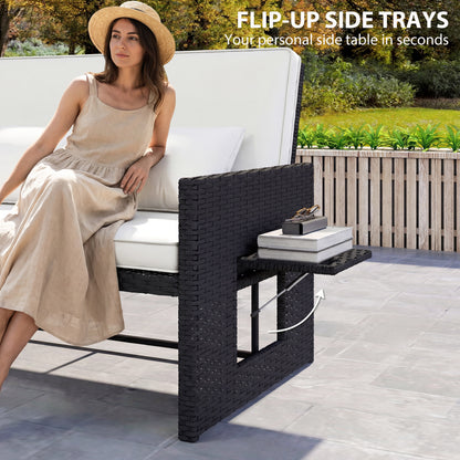 Rattan Garden Daybed, Double Sun Lounger with 5-Level Adjustable Back, Storage Ottoman, Cream White