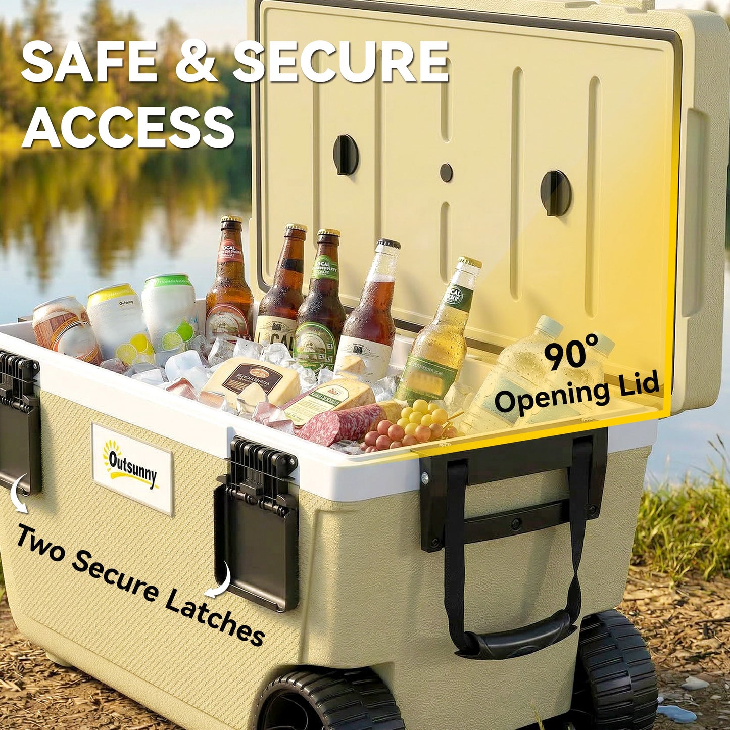 70L Insulated Cool Box with Wheels, Portable Ice Cooler with Handle, Lid and Drain Valve, Khaki
