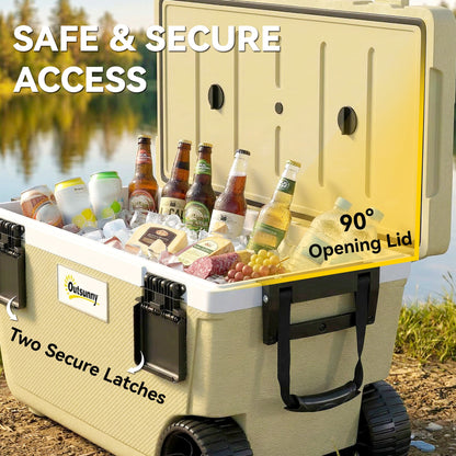 70L Insulated Cool Box with Wheels, Portable Ice Cooler with Handle, Lid and Drain Valve, Khaki
