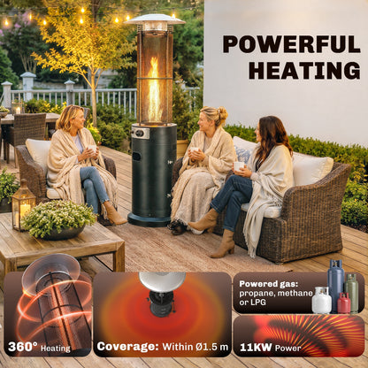 11 KW Freestanding Gas Patio Heater, Adjustable Outdoor Garden Propane Heater with Tip-Over Switch, Wheels, Pulse Ignition