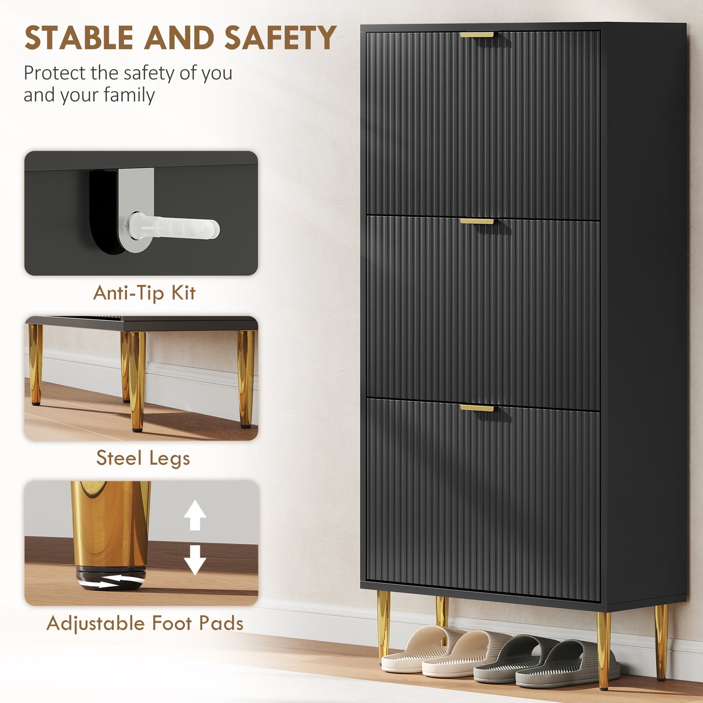 Elegant Three-Drawer Shoe Cabinet - Black