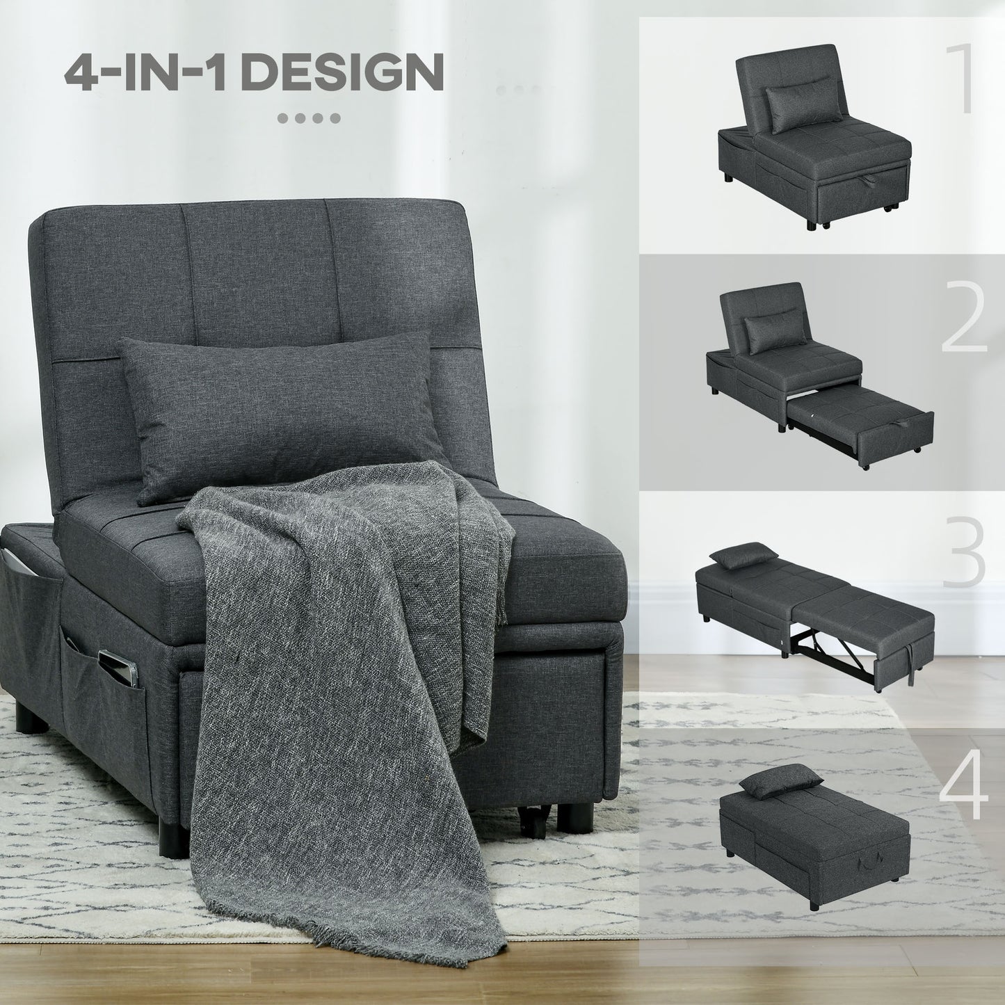Convertible Chair Bed with Padding Seat, 4-in-1 Multi-Functional Sleeper Sofa Bed, Recliner with Adjustable Backrest