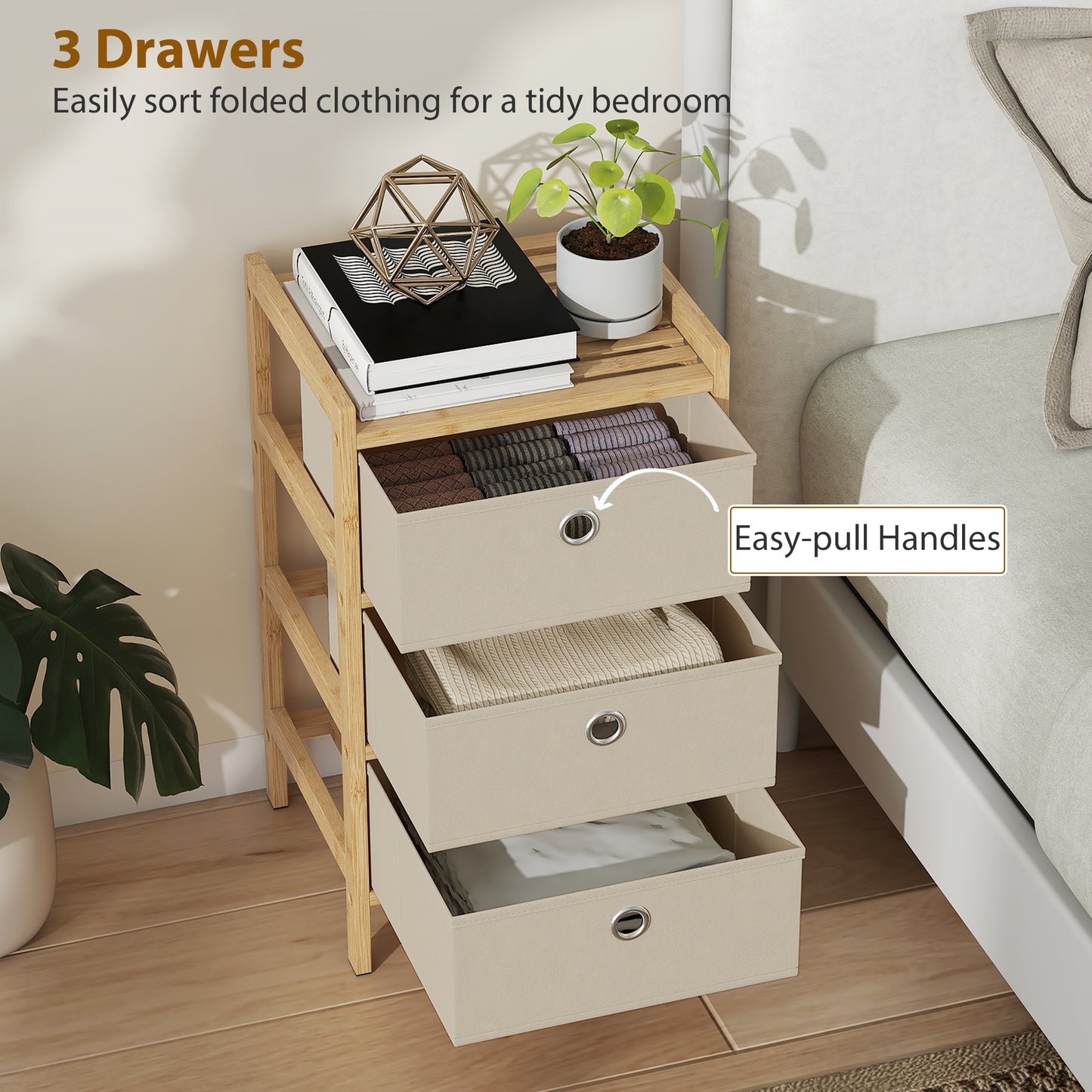 Chest of Drawers, 3 Fabric Drawers Narrow Dresser with Bamboo Frame, Cream White