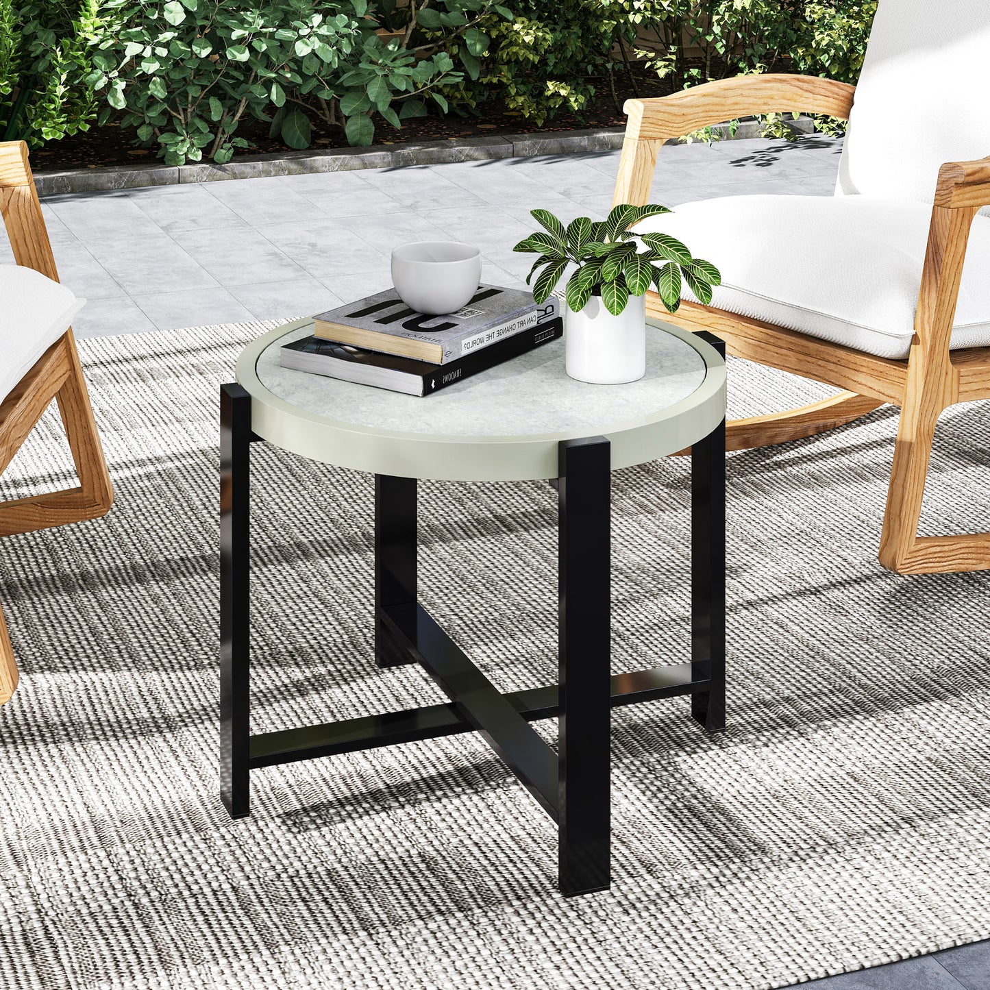 Round Small Garden Table, 60cm Outdoor Side Table with Faux Marble Tempered Glass Top, Aluminium Frame for Garden, Patio