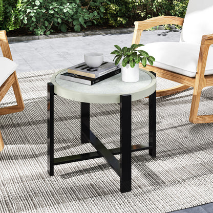 Round Small Garden Table, 60cm Outdoor Side Table with Faux Marble Tempered Glass Top, Aluminium Frame for Garden, Patio
