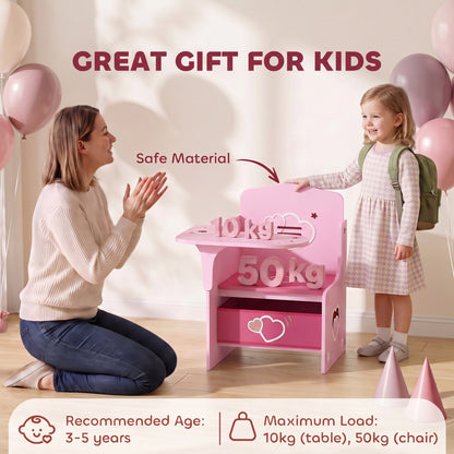 Kids Table and Chair Set, Children Desk and Chair with Storage Bins for Playing, Reading, Painting, for Ages 3-5, Pink