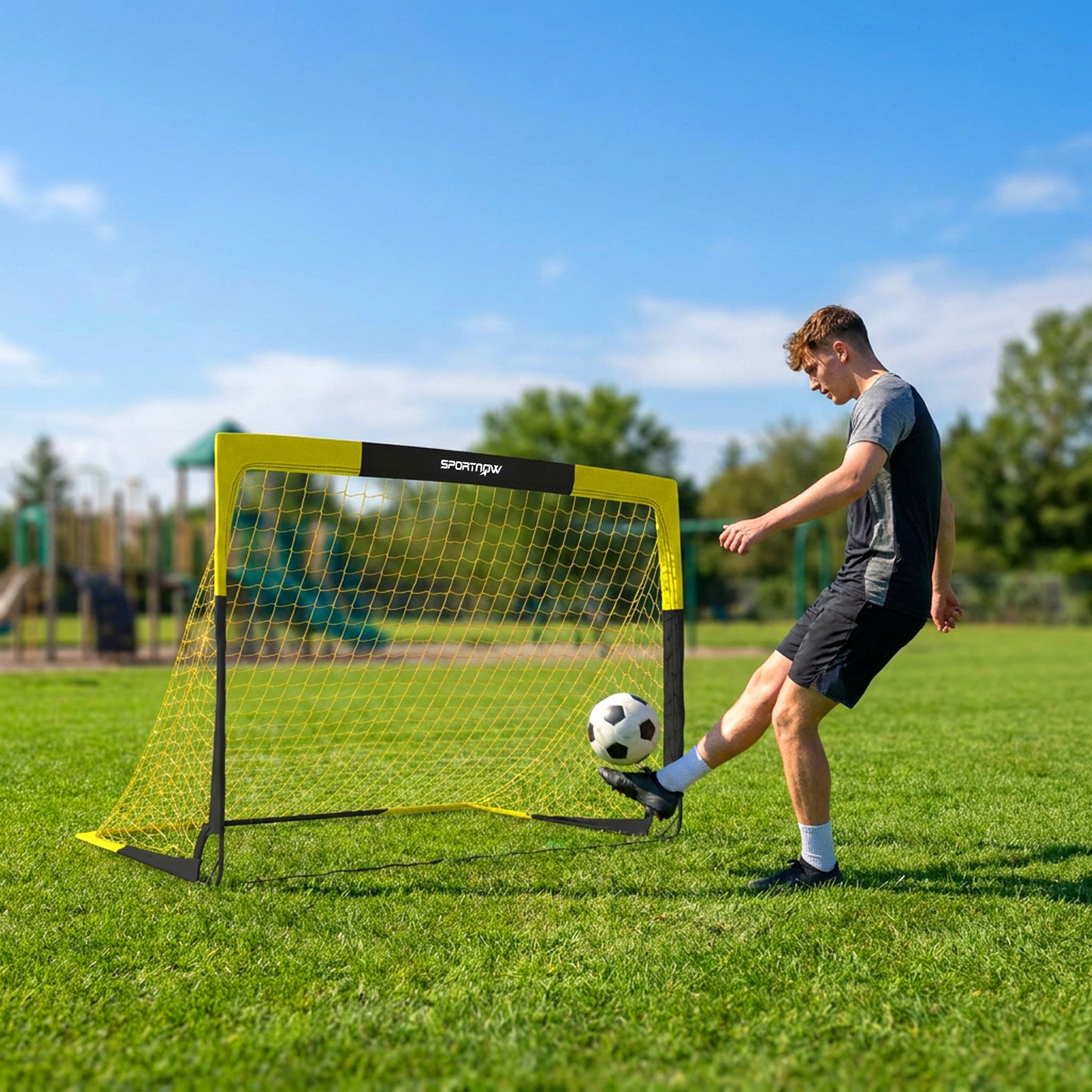 Pop Up Football Goal, Portable Folding Football Net with Carry Bag, 4 U-Shaped Ground Stakes, Fibreglass Pole