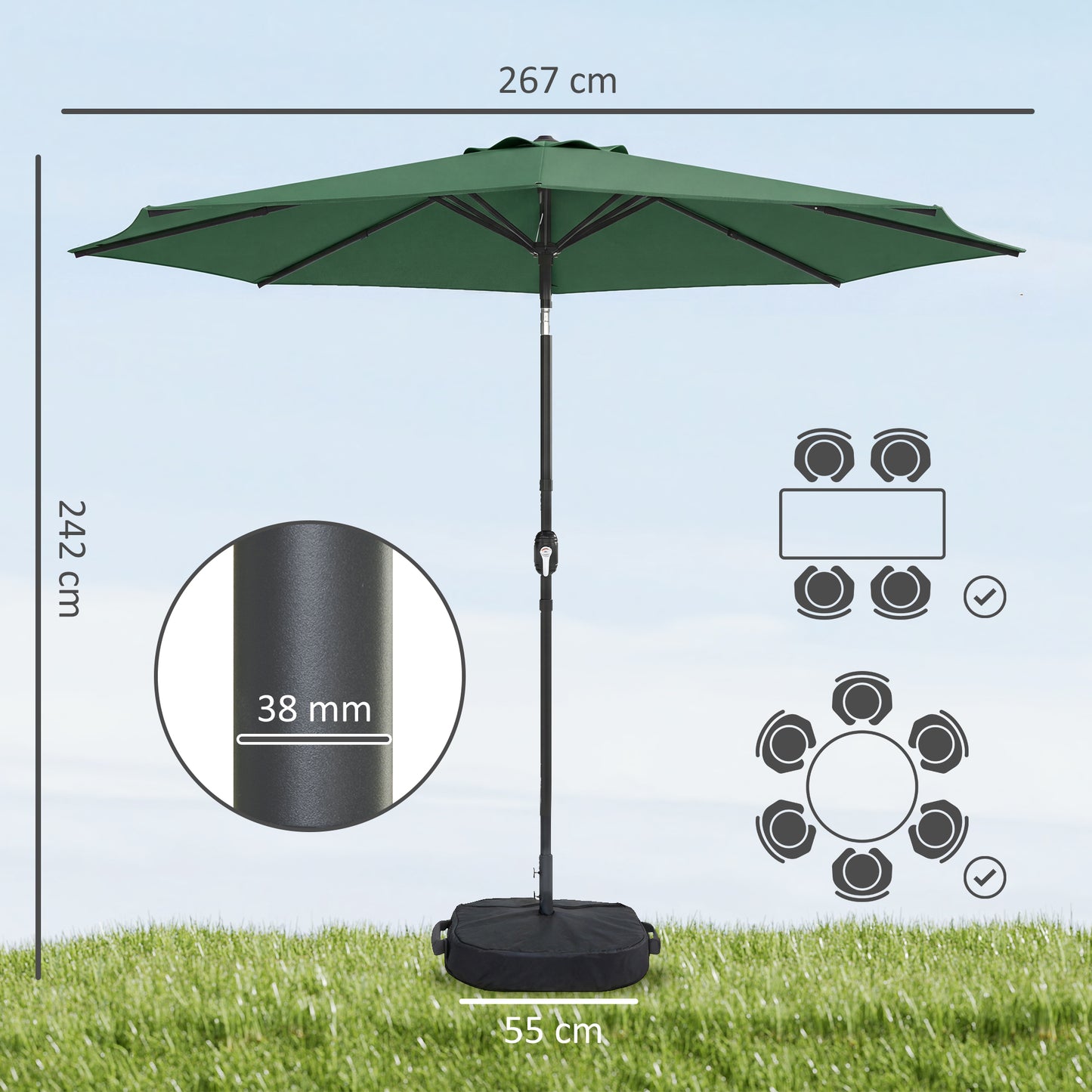 2.7 m Garden Parasol Umbrella with Cross Base and Sandbag, Retractable Ribs, Outdoor Table Market Umbrella, Green