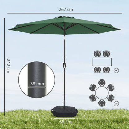 2.7 m Garden Parasol Umbrella with Cross Base and Sandbag, Retractable Ribs, Outdoor Table Market Umbrella, Green