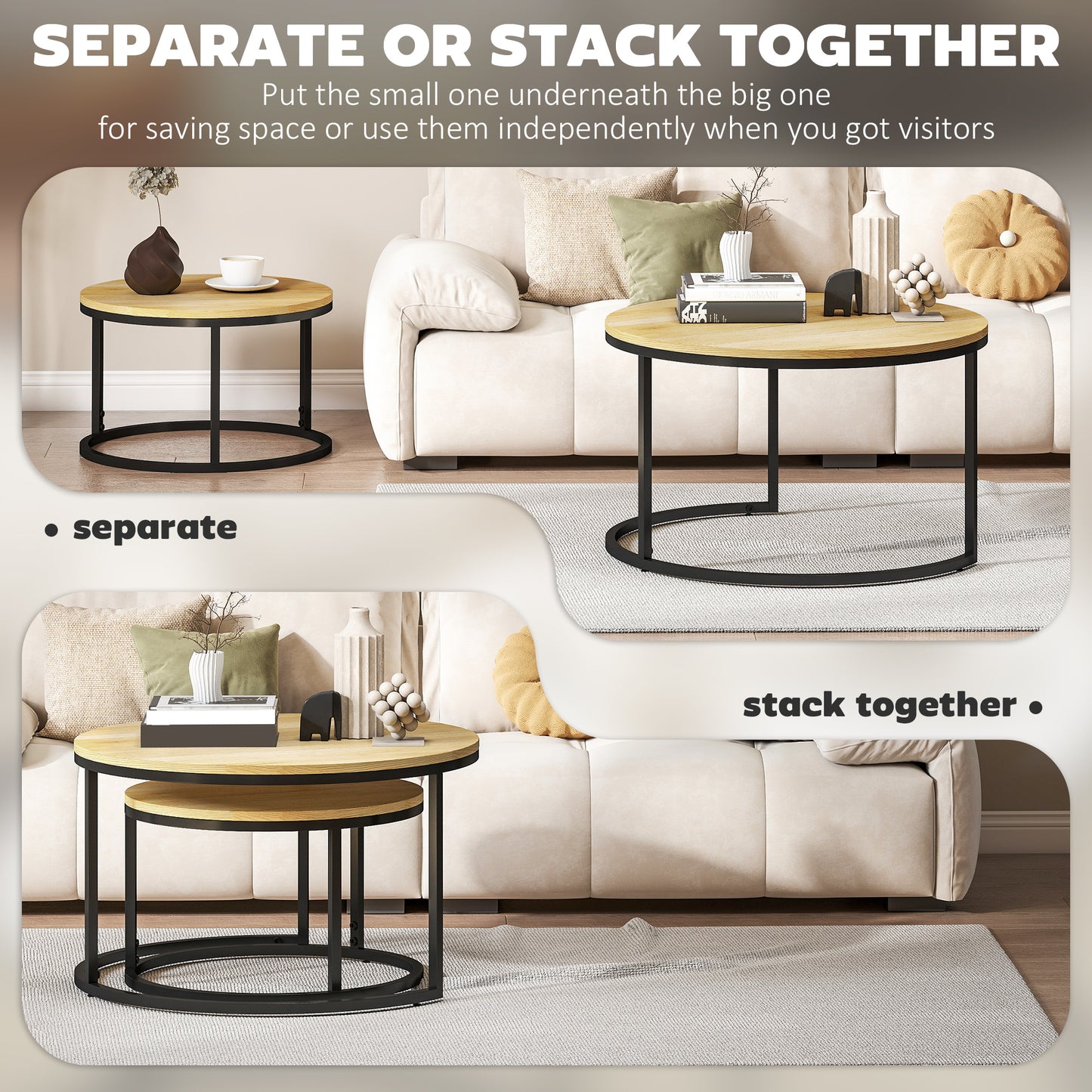 Set of Two Wood-Effect Stacking Tables - Natural
