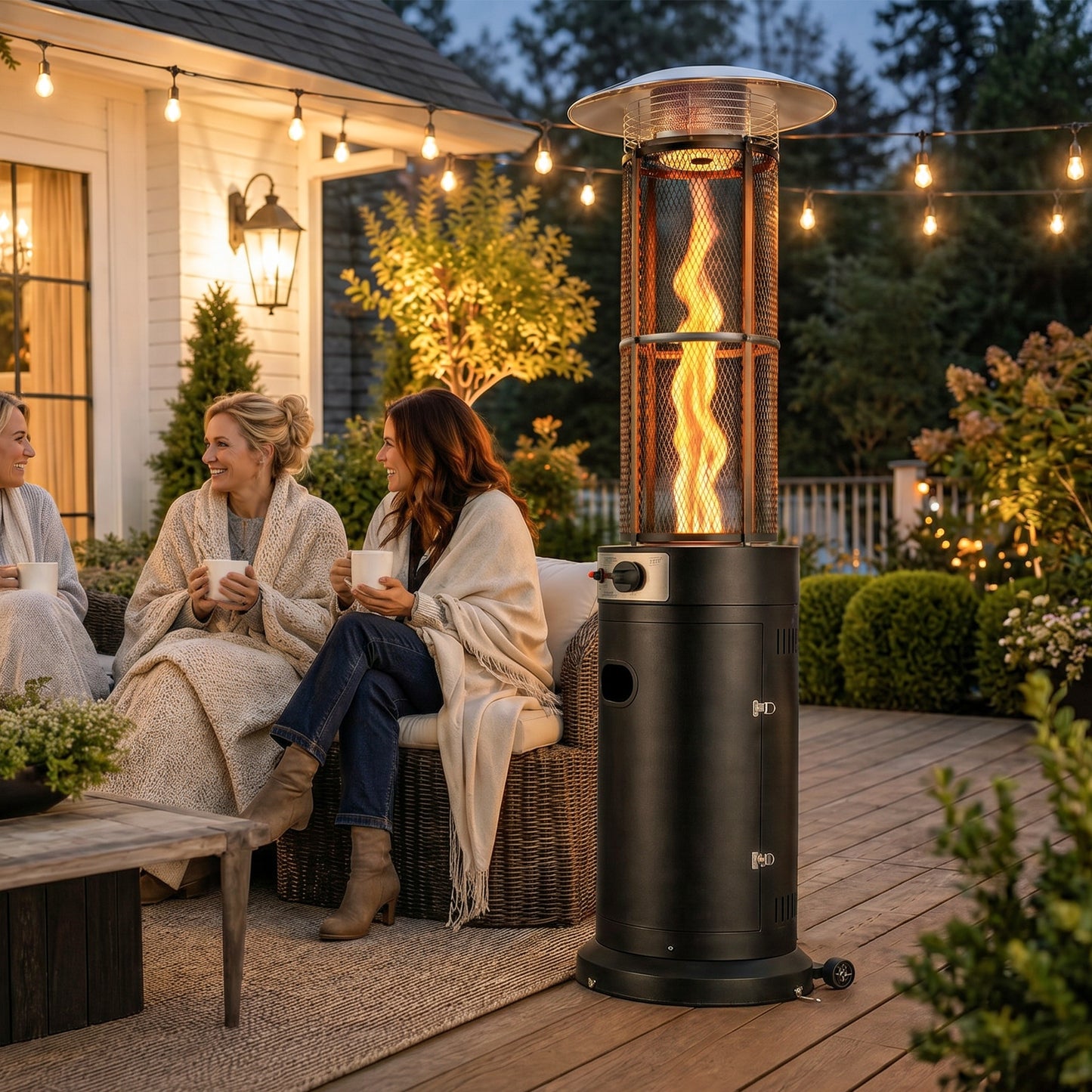 11 KW Freestanding Gas Patio Heater, Adjustable Outdoor Garden Propane Heater with Tip-Over Switch, Wheels, Pulse Ignition