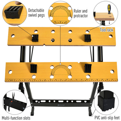 4-in-1 Work Bench, Folding Clamp Table w/ 4 Adjustable Clamping Pegs for DIY Home Garage, Black