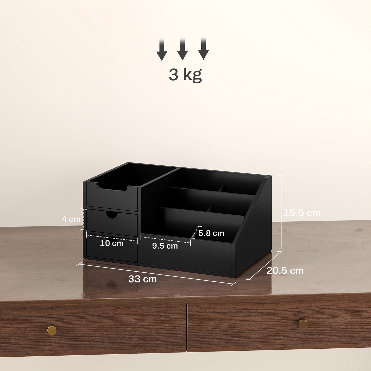 Desk Organiser Holder, Bamboo Multi-Function Storage Caddy with 7 Storage Compartments and 2 Drawers for Home Office Stationa