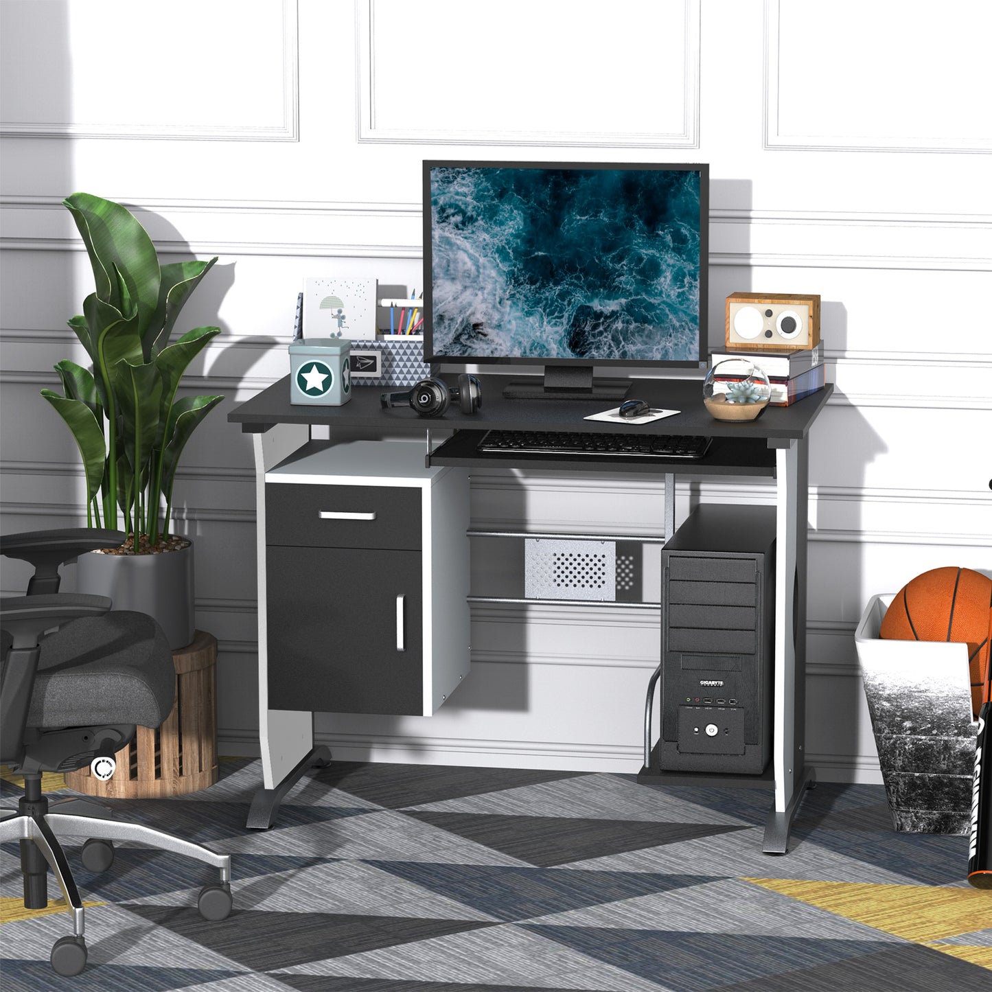 Computer Desk with Sliding Keyboard Tray, Storage Drawers and Host Box Shelf, Home Office Desk, Study Workstation