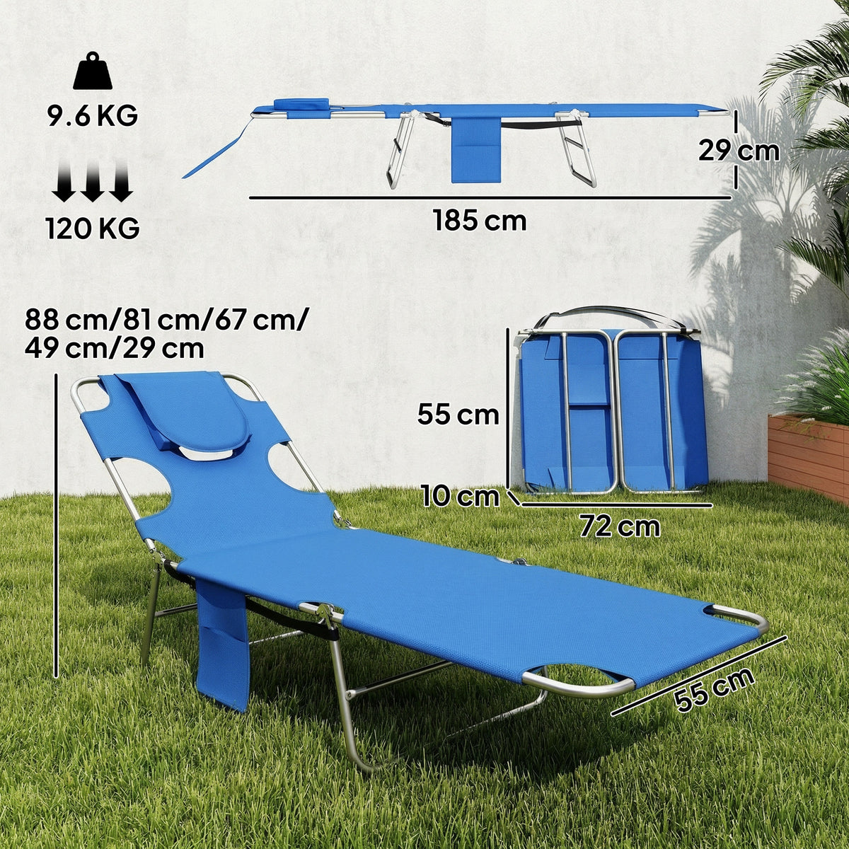5-Position Adjustable Sun Loungers Set of 2 with Reading Hole and Side Pocket, Blue