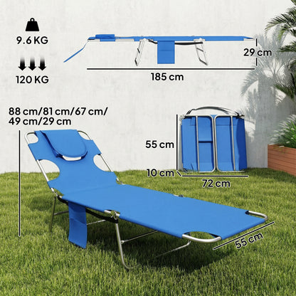 5-Position Adjustable Sun Loungers Set of 2 with Reading Hole and Side Pocket, Blue