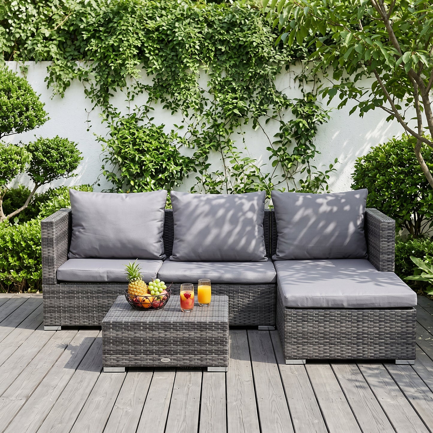 3PC Rattan Garden Furniture Storage Sofa Set, 4 Seater Wicker Coffee Table Conservatory Sun Lounger Reclining Set with Cushio