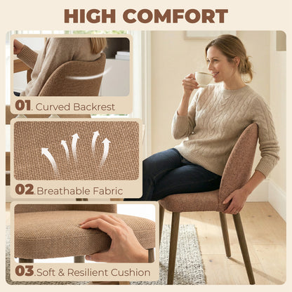 Dining Chairs Set of 2, Linen Upholstered Kitchen Chairs with Padded Seat, Curved Backrest, Rubberwood Legs, Brown