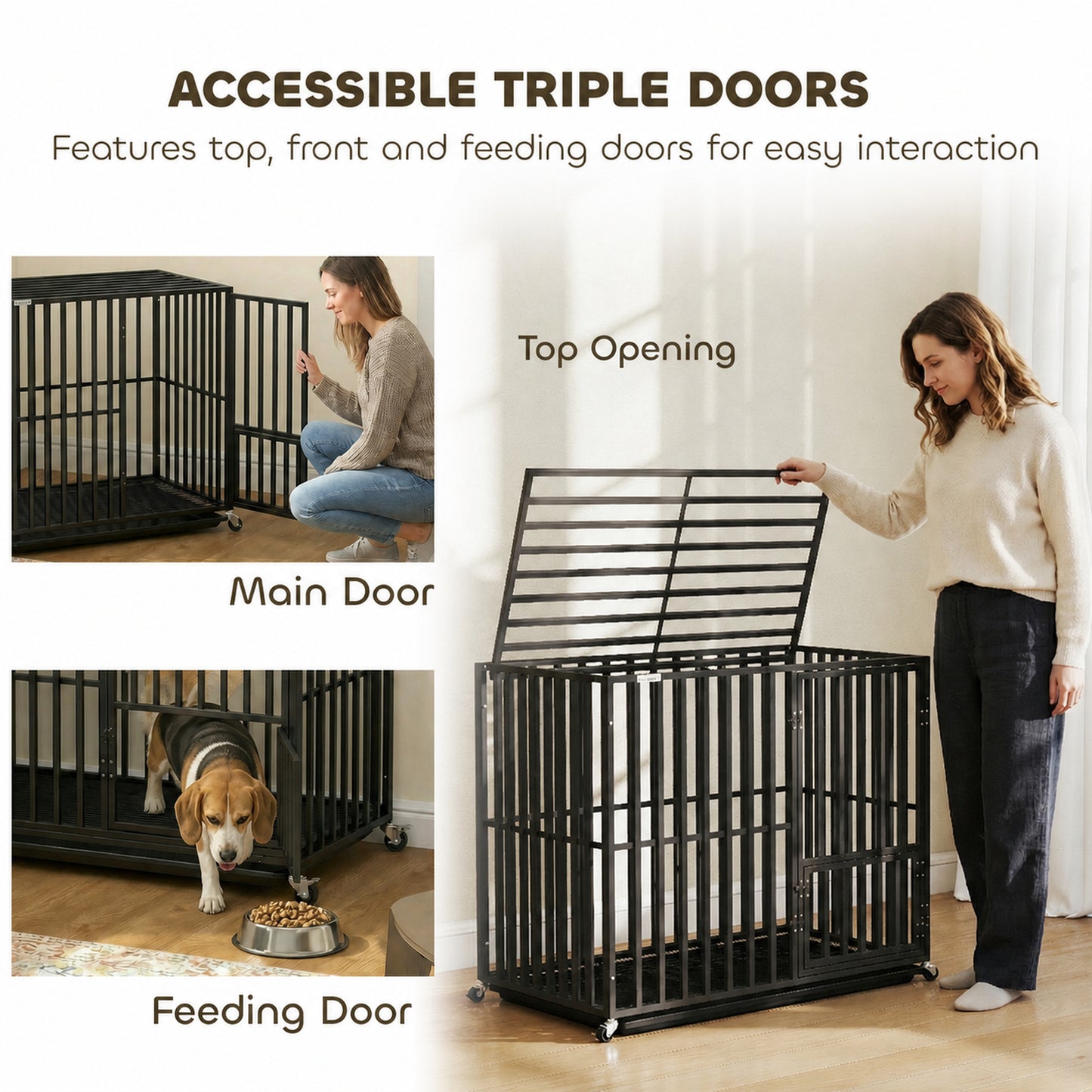 Heavy Duty Dog Crate, Dog Cage with Wheels for Small Medium Breeds, Metal Pet Kennel with Removable Tray