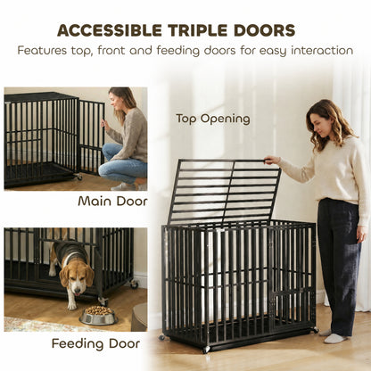 Heavy Duty Dog Crate, Dog Cage with Wheels for Small Medium Breeds, Metal Pet Kennel with Removable Tray