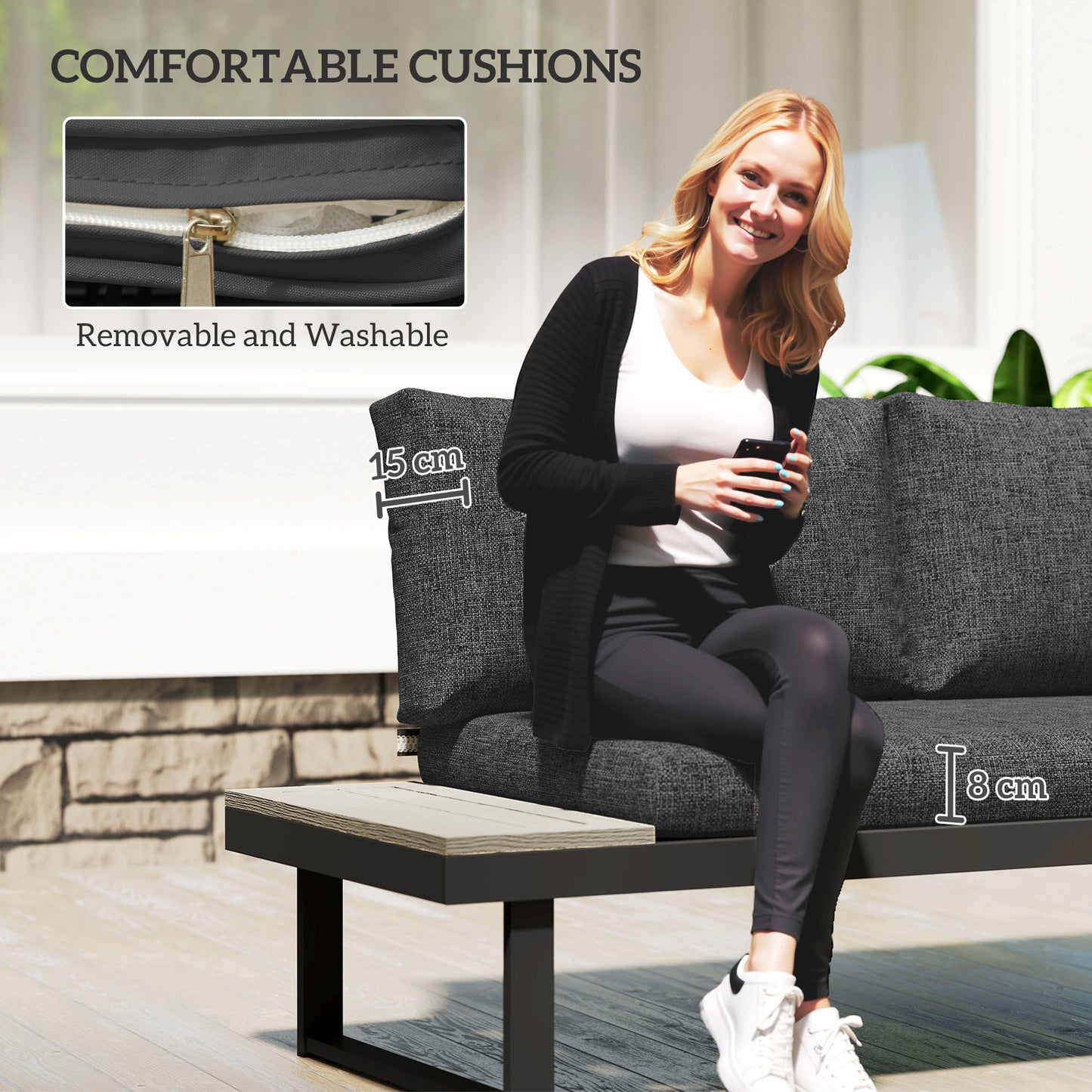 4 Seater L Shaped Aluminium Sectional Garden Furniture Set with 2 Loveseats and Wood-Plastic Coffee Table - Dark Grey