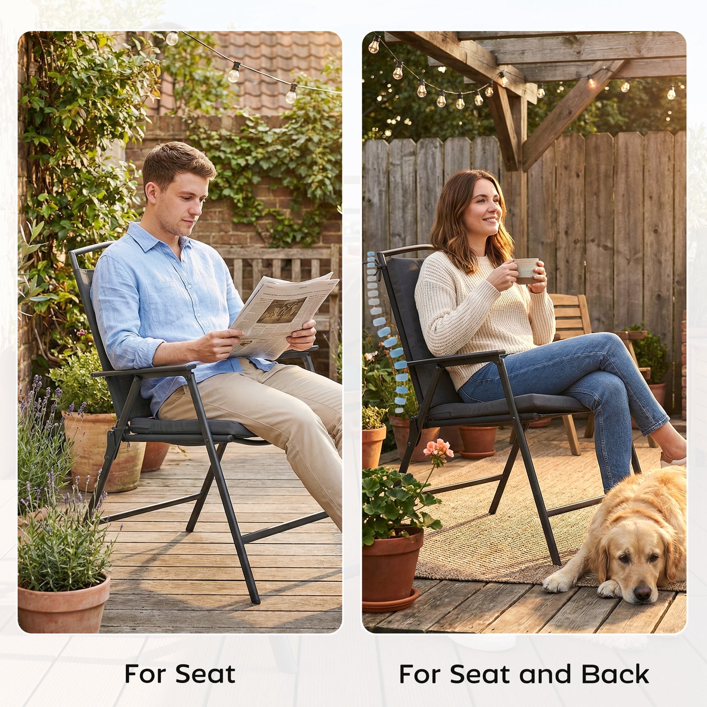 Outdoor Seat Cushions Set of 2 with Ties, Waterproof Garden Seat Pads, Dark Grey