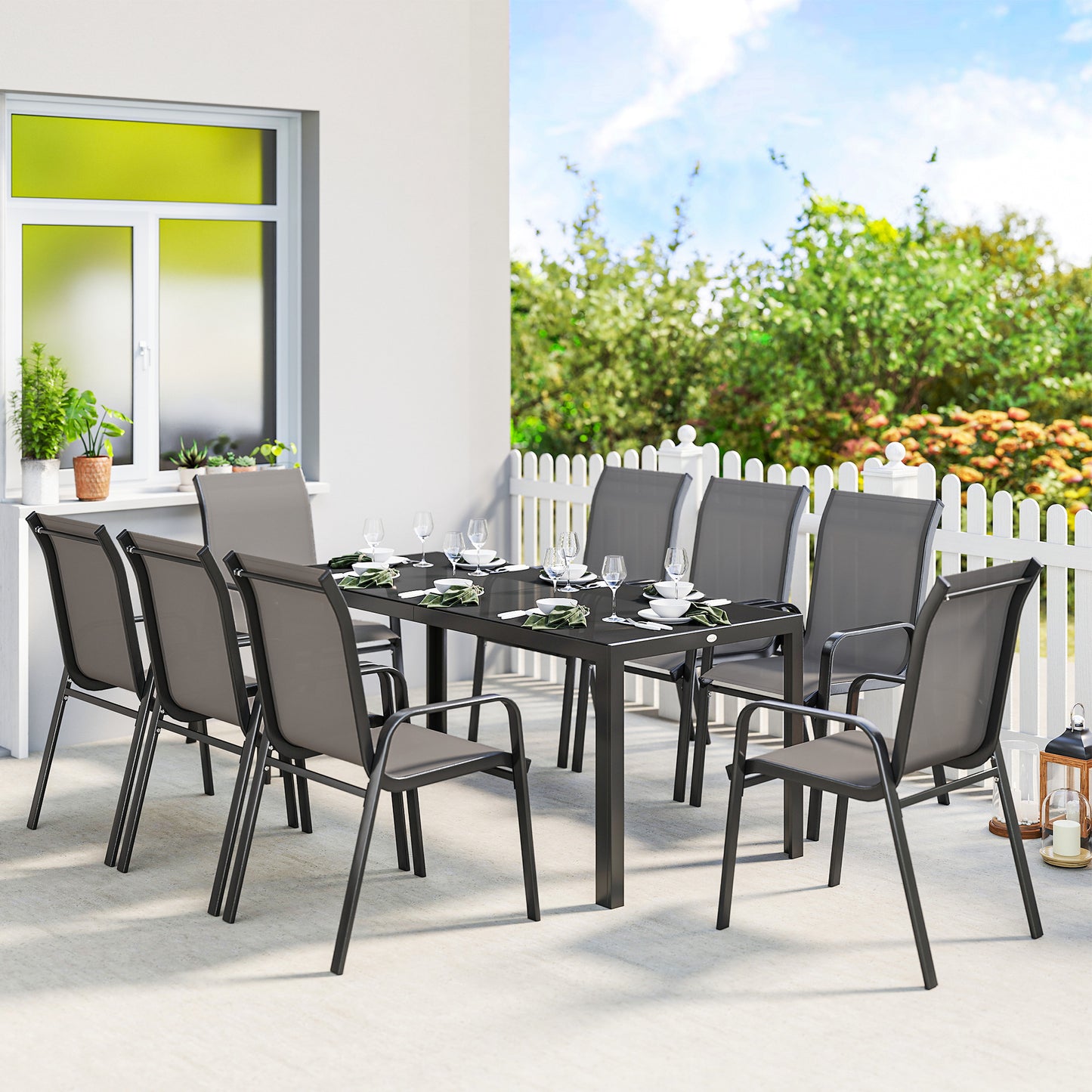 9 Pieces Garden Dining Set, Outdoor Table and Chairs Set for 8, Garden Furniture Set with Tempered Glass Top, Dark Grey
