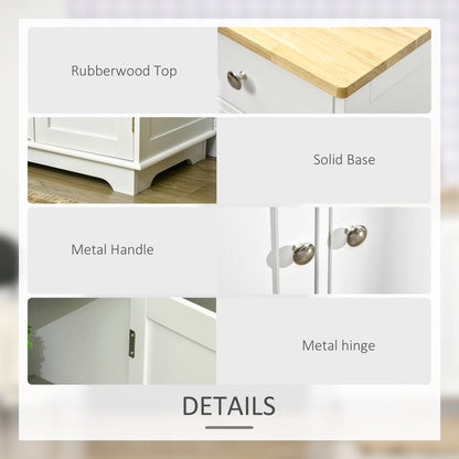 Sideboard with Rubber Wood Top, Modern Storage Cabinet with 3 Adjustable Shelves, White