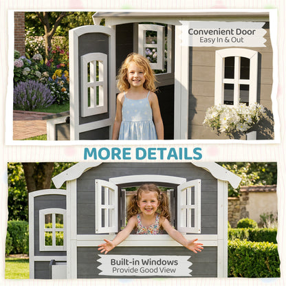 Wooden Playhouse for Kids with Doors, Windows, Plant Box, Floors, for Ages 3-8 Years, for Gardens, Lawns, Patios - Grey