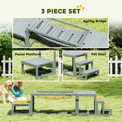 3 Pieces Wooden Dog Agility Training Equipment with Soft Bridge, Pause Platform and Pet Stair for Outdoor, Grey