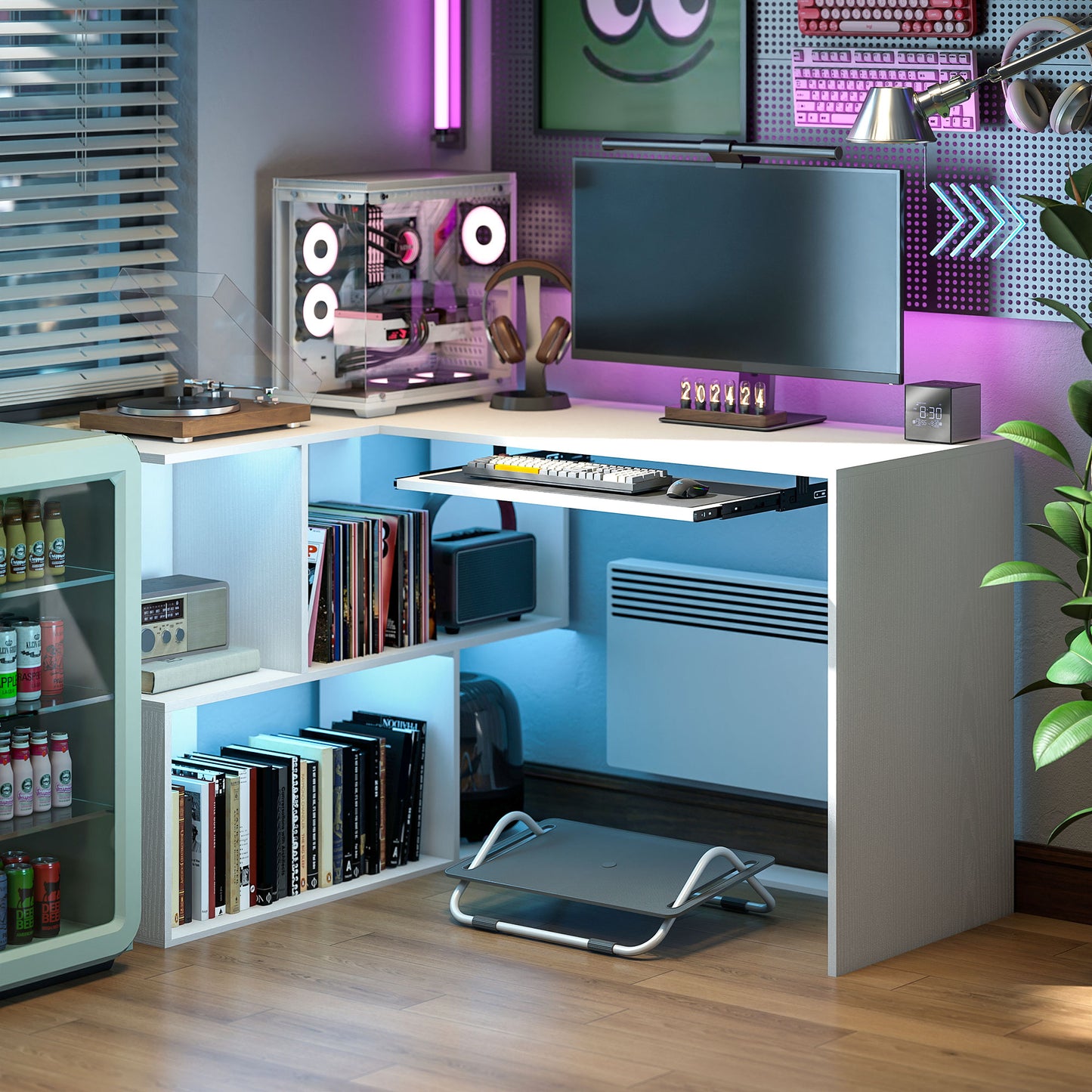 L-Shaped Corner Desk, Computer Desk with Keyboard Tray and Open Shelves, White Wood Effect