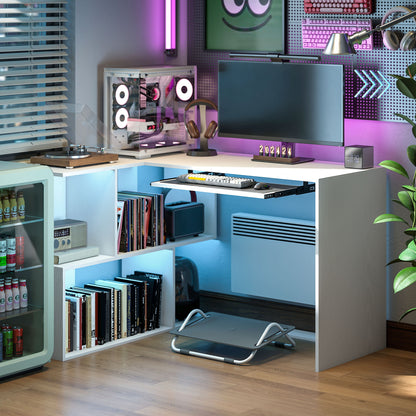 L-Shaped Corner Desk, Computer Desk with Keyboard Tray and Open Shelves, White Wood Effect