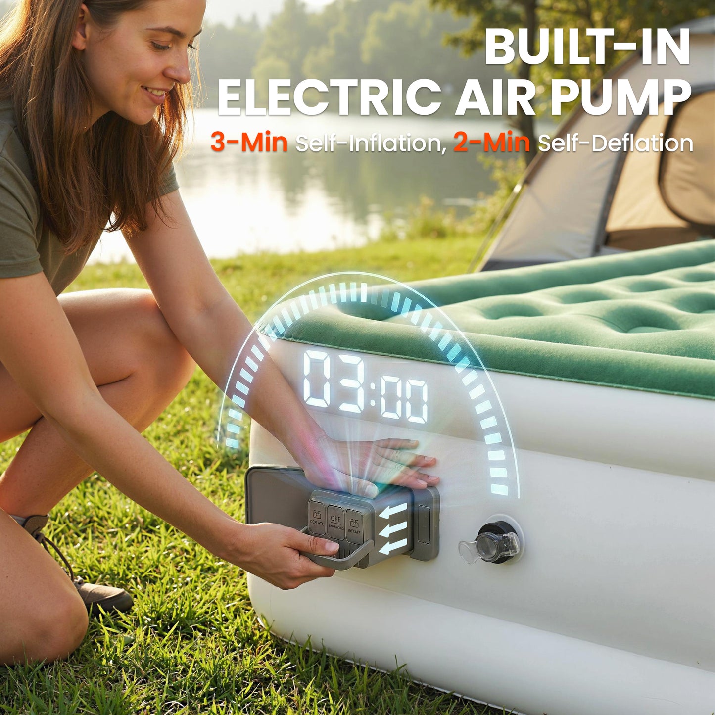 Inflatable Mattress, Single Air Bed with Built-in Electric Pump, 3 Mins Inflation, Flocked Surface, Dark Green