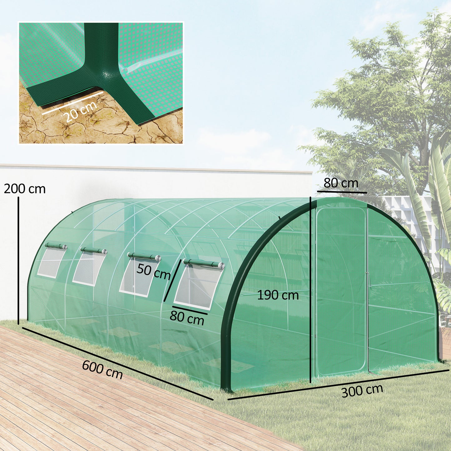Polyethylene Upgraded Structure Walk-in Polytunnel Greenhouse, 6 x 3 m, Green