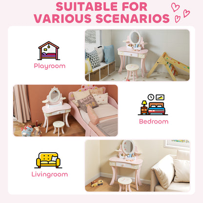 Kids Dressing Table, Girls Vanity Set with Mirror and Stool, 7 Play Accessories, Drawer, Desktop Storage, Pink