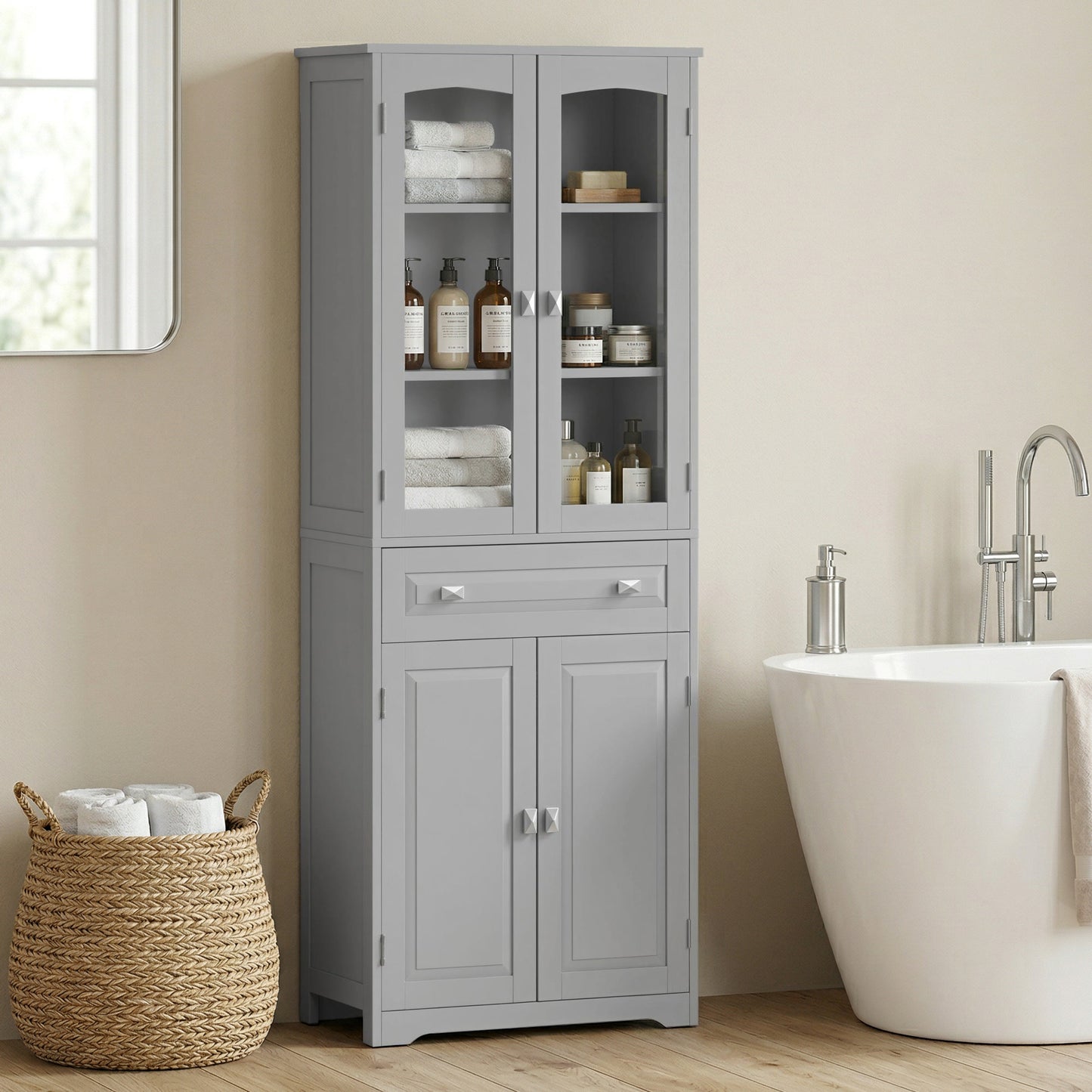 Freestanding Kitchen Cupboard, Storage Cabinet with 2 Adjustable Shelves, Drawer and Glass Door for Living Room, Grey