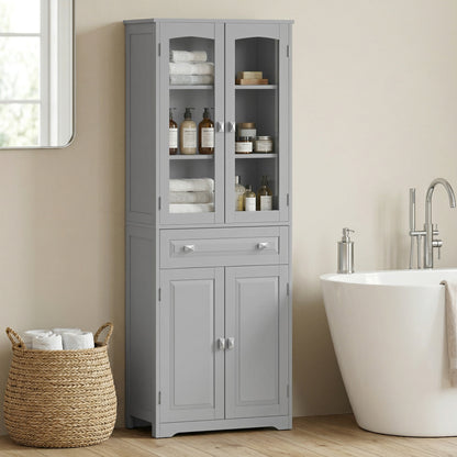 Freestanding Kitchen Cupboard, Storage Cabinet with 2 Adjustable Shelves, Drawer and Glass Door for Living Room, Grey