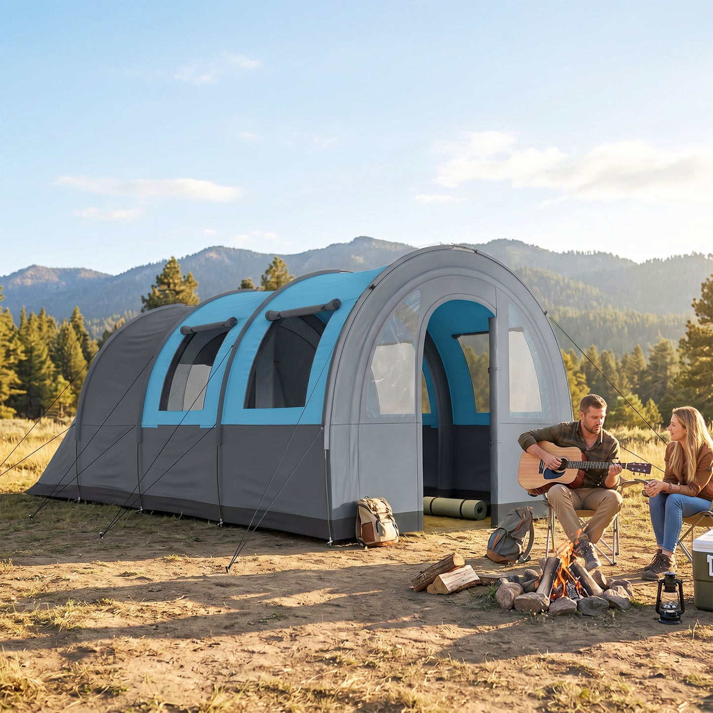Three Man Duo Room Tunnel Tent, with Accessories - Grey/Blue