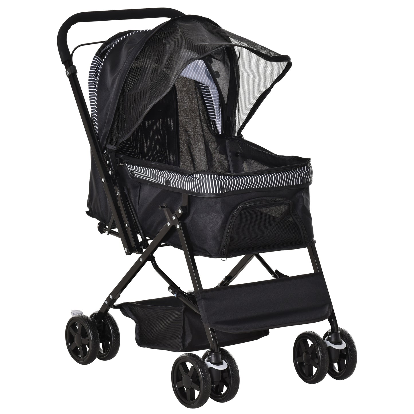 Pet Stroller Pushchair Foldable Travel Dog Cat Carriage w/ Reversible Handle Brake Basket