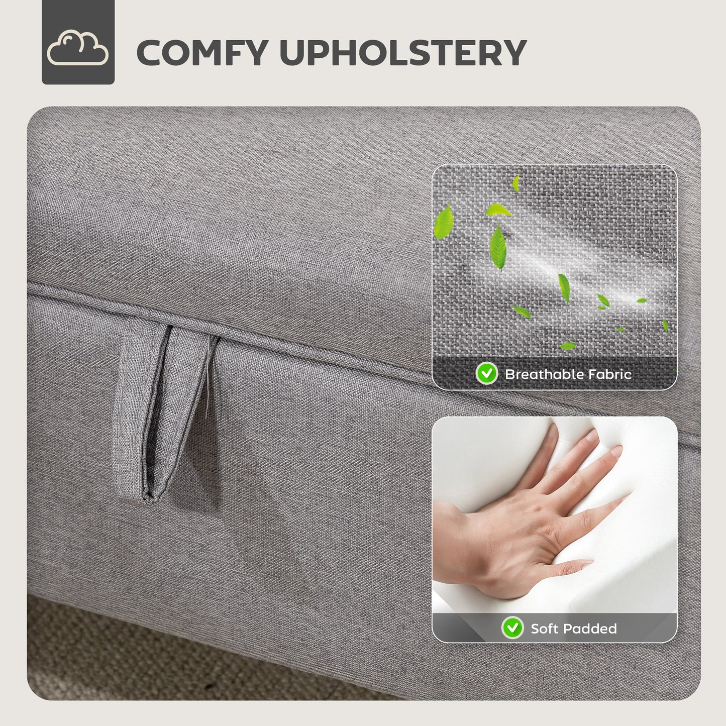30L Linen Storage Ottoman Padded Footstool with Rubberwood Legs for Storage Box, Bed End, Shoe Bench, Seating, Light Grey