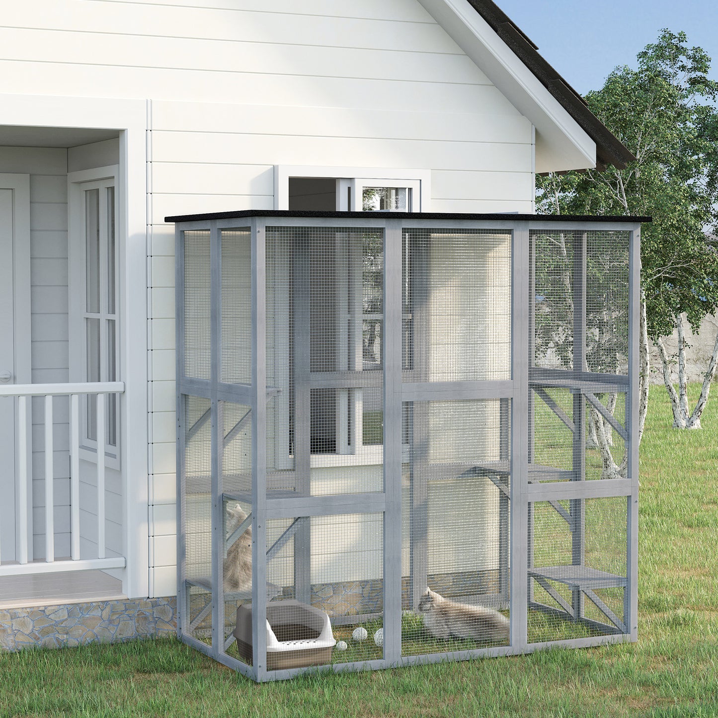 Wooden Catio Cat Outdoor Enclosure, Cat Cage with Waterproof Roof, Platforms, for Multiple Kittens, 180 x 98 x 180 cm