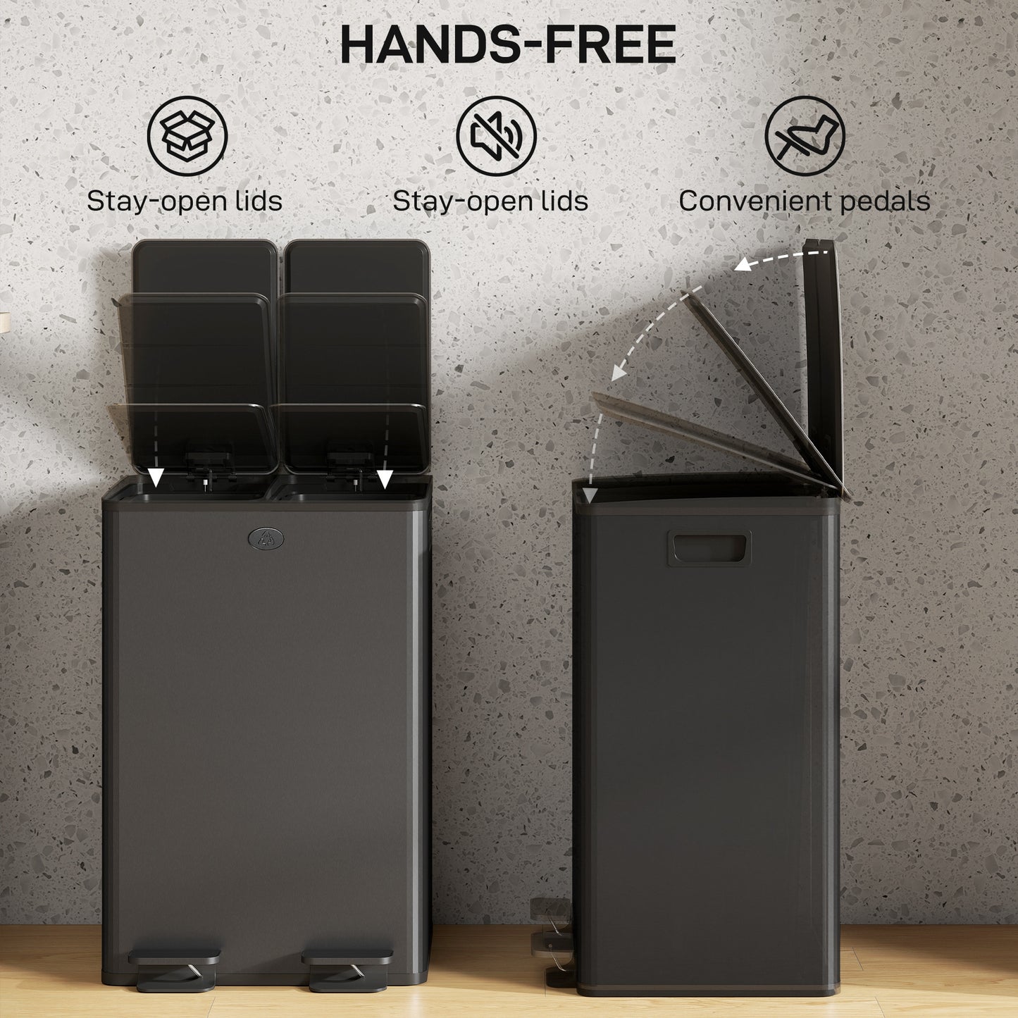 56L Dual Compartment Stainless Steel Bin, with Deodoriser Holders - Black