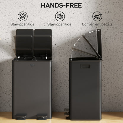 56L Dual Compartment Stainless Steel Bin, with Deodoriser Holders - Black
