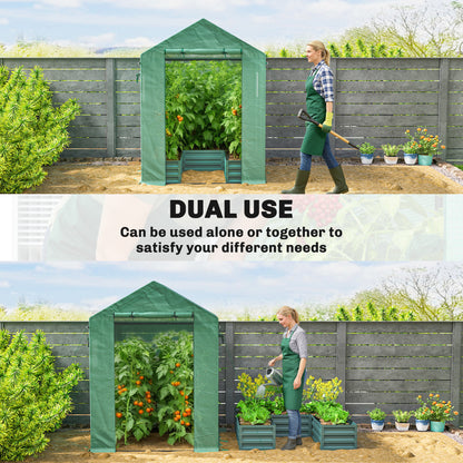 Small Greenhouse with Raised Garden Bed, Galvanised Walk-in Greenhouse with Roll Up Windows, 141 x 141 x 190 cm, Green