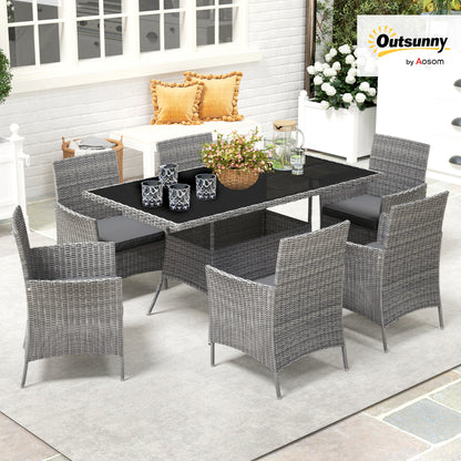 7-Piece Rattan Garden Furniture Set with Cushions, 6 Seater Garden Table and Chairs, Rattan Dining Set with 6 Armchairs