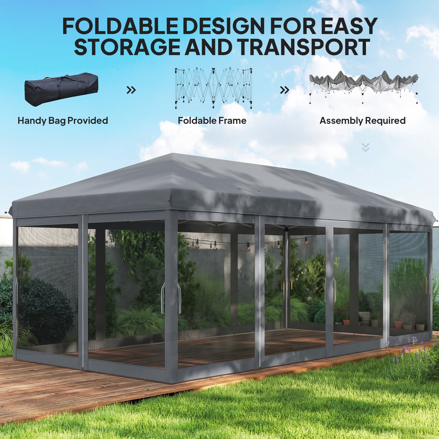 3 x 6m Pop Up Gazebo, Outdoor Canopy Shelter, Marquee Party Wedding Tent with 6 Mesh Walls and Carry Bag, Grey