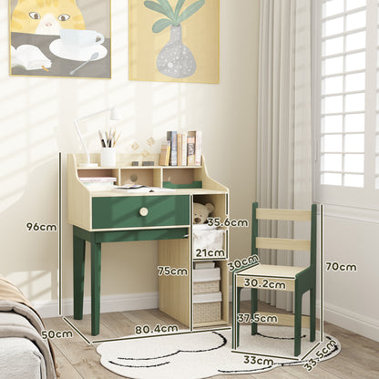 Kids Desk and Chair Set with Storage Shelves and Drawer, Green
