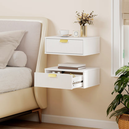 Modern Floating Nightstands Set of 2, Wall Mounted Bedside Tables with Wave Drawer White