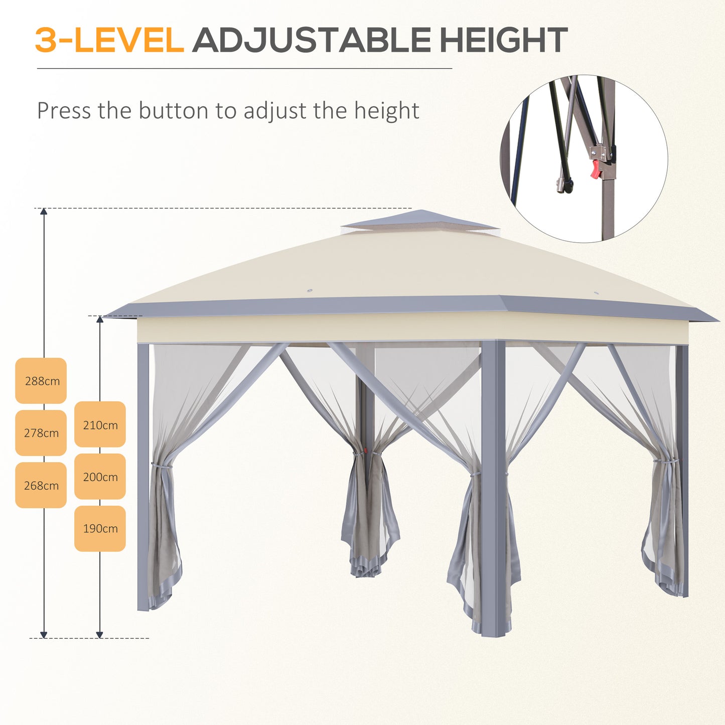 3.3 x 3.3m Pop Up Gazebo, Double Roof Foldable Canopy Tent with Zipped Mesh Sidewalls, Height Adjustable and Carrying Bag