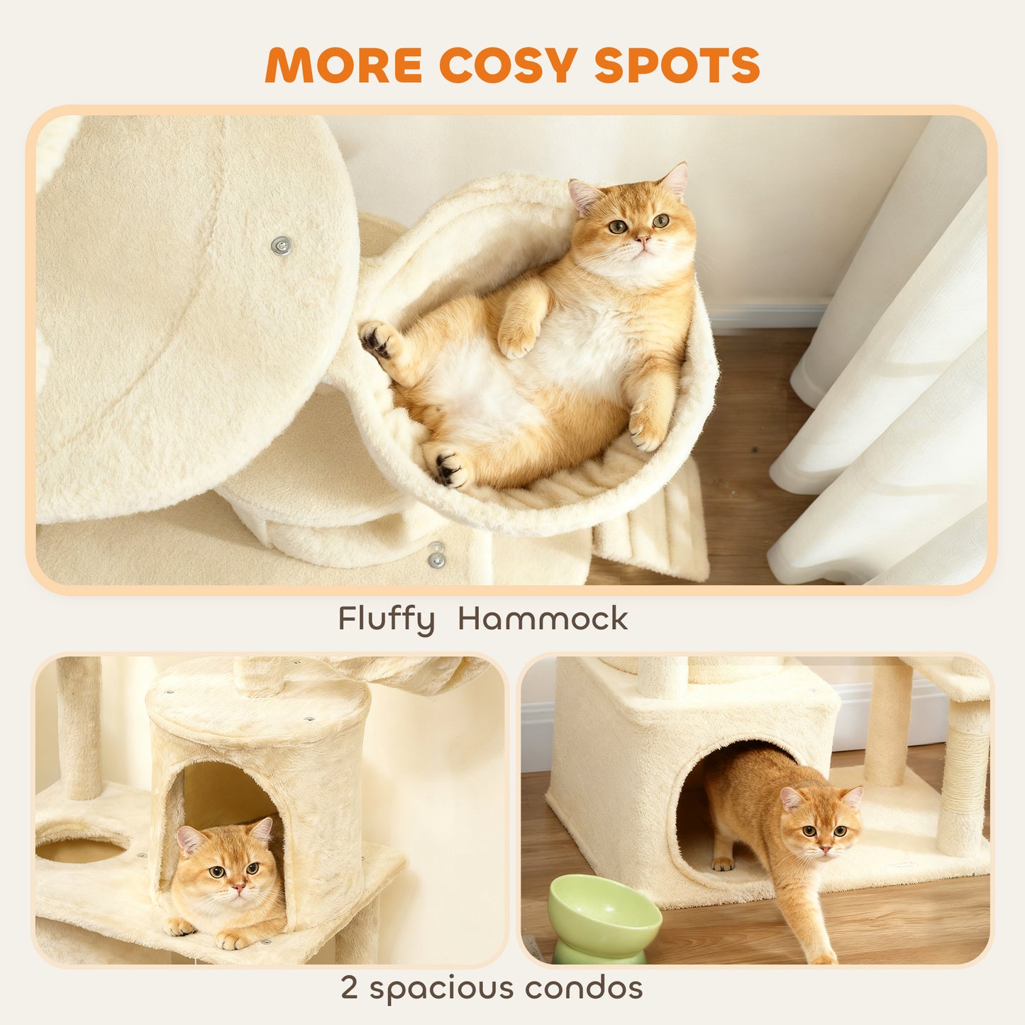 170 cm Large Cat Tree, Cat Tower with 7 Scratching Posts, Tunnel, 2 Condos, Hammock, Perch, Ramp, Pompoms, Beige